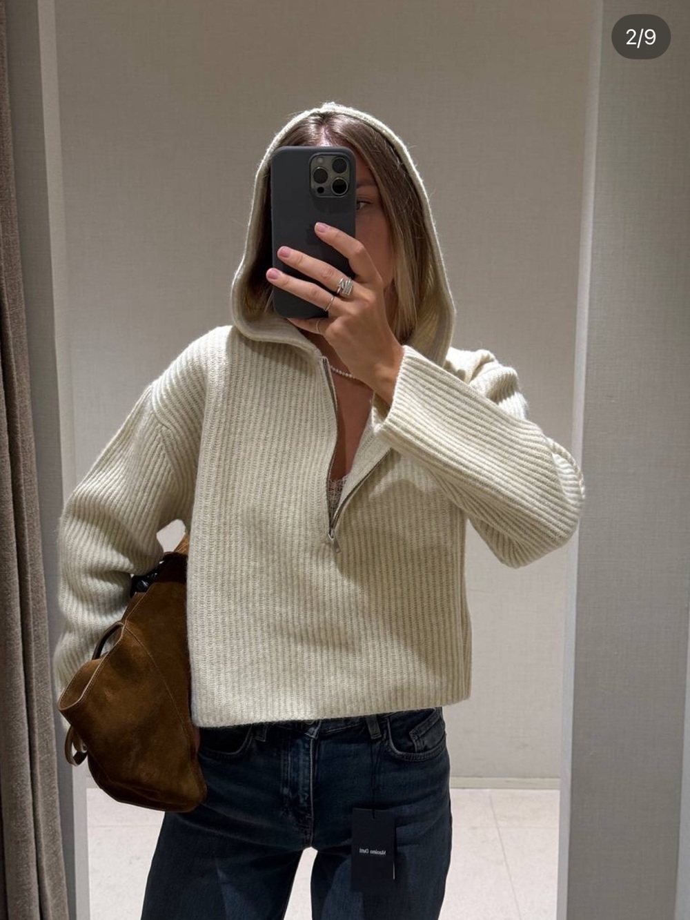 Massimo Dutti Wool Cream  Half-Zip Ribbed Hoodie Sweater - Women